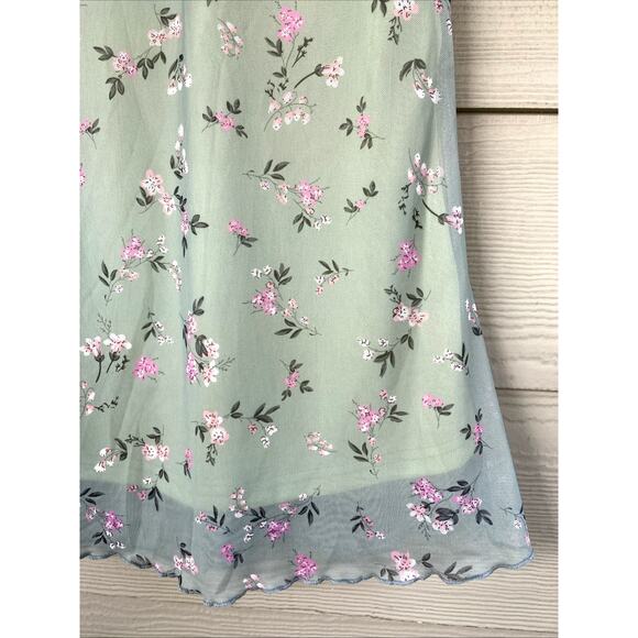 Shein Green Mesh Overlay Pink Floral Flower Cottagecore Midi Skirt Petite XS - Picture 2 of 6